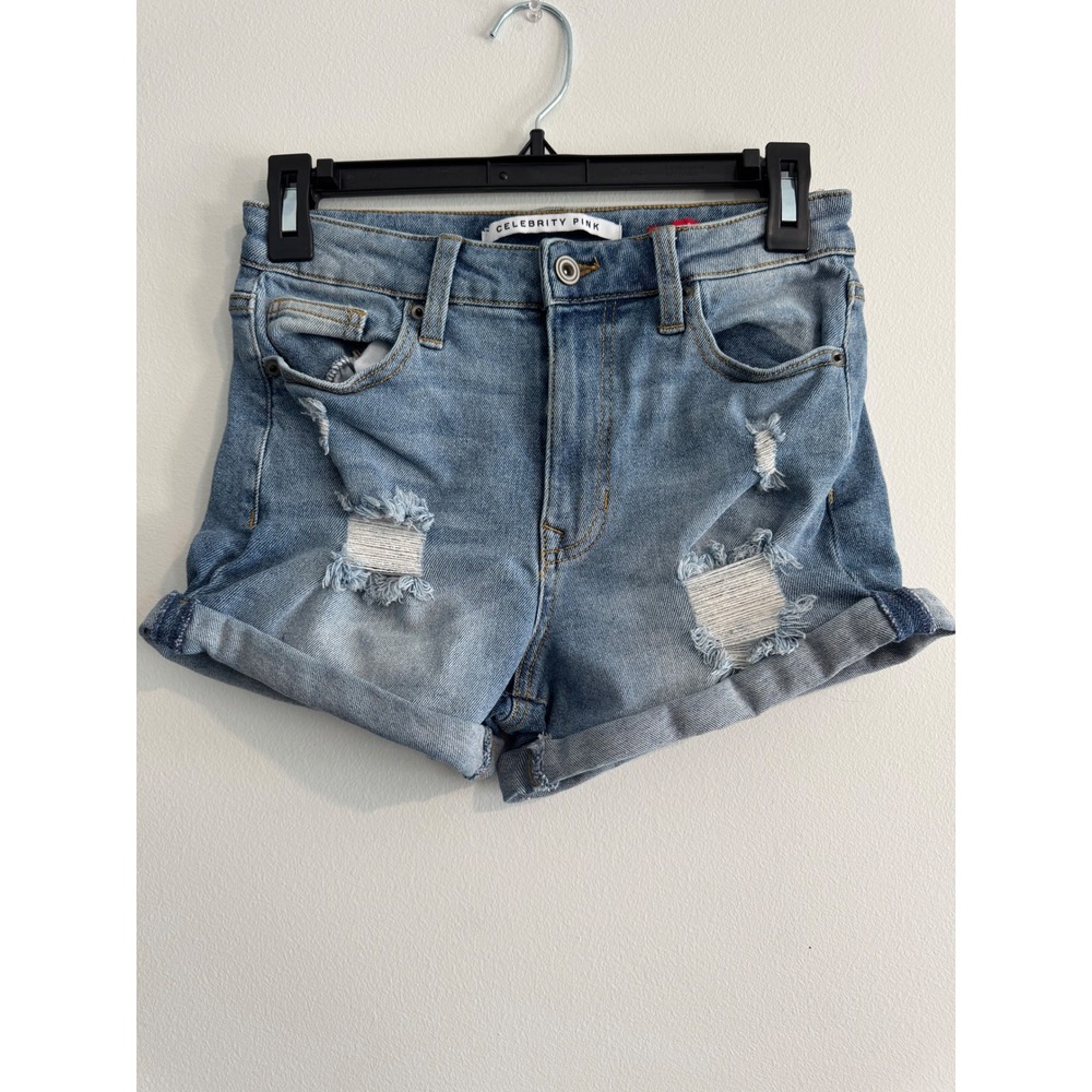 Celebrity Pink The Iconic Denim Shorts Womens 5 / 27 Blue Distressed Rolled Hem